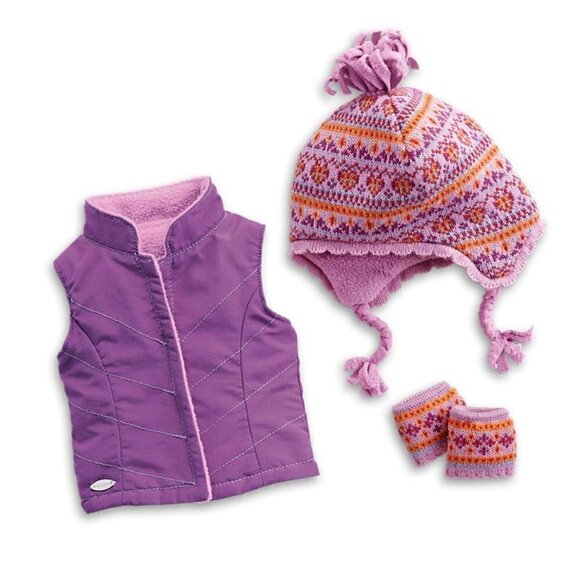 American Girl Warm Winter Outfit Accessories Purple Vest Hat and hand warmers - Picture 1 of 9